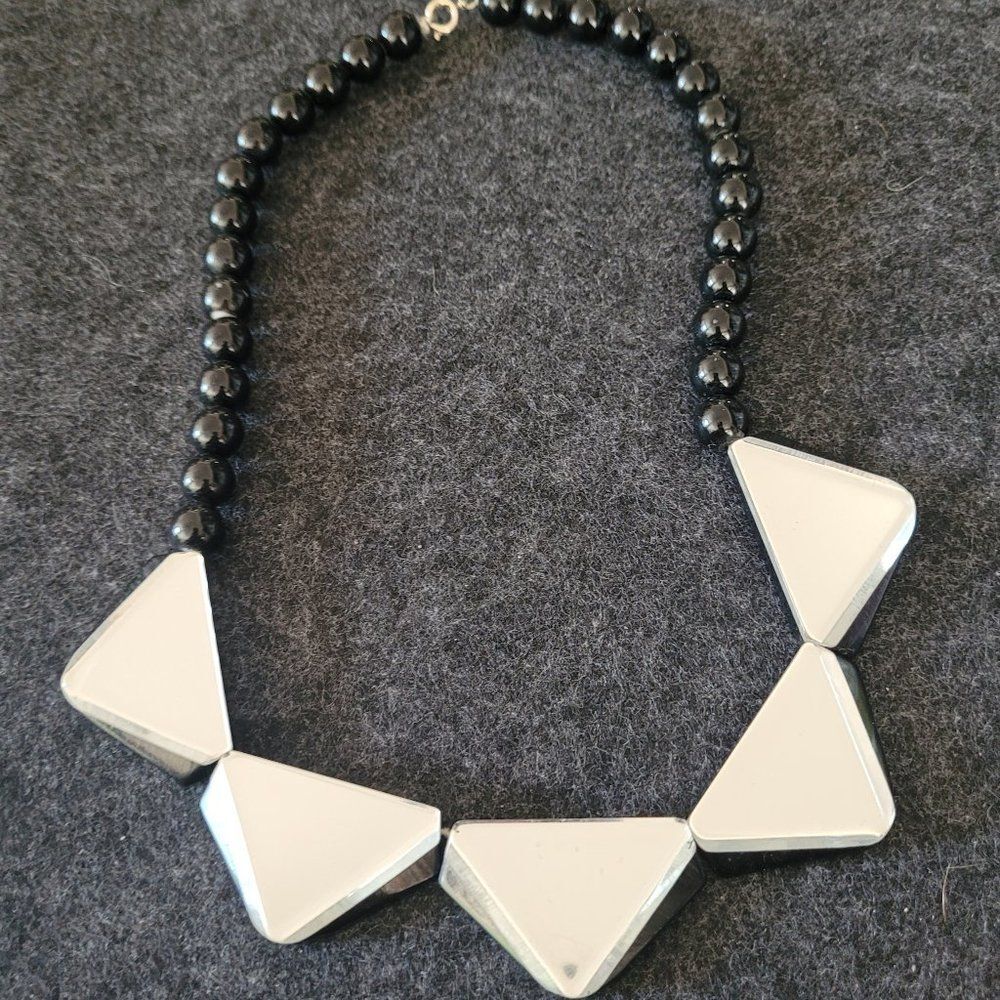 Vintage beaded and big mirrored triangle Necklace Black with mirror triangles
